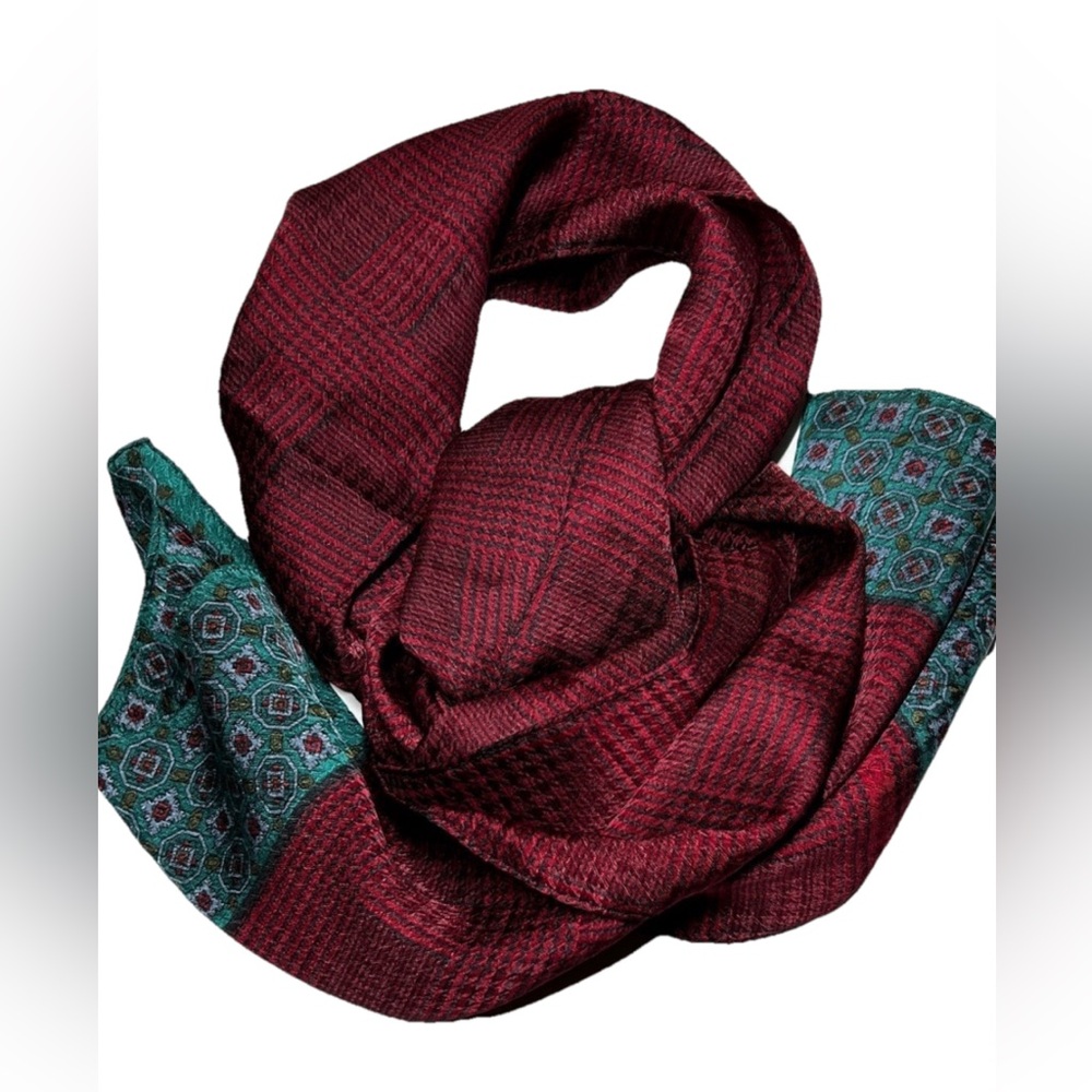 100% Silk Vintage Echo Ruby Green Pattern Scarf W… - image 3